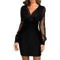 Eligible Women's Evening Dress Mesh Long Sleeve Sequin Embellished V-Neck Slim Cocktail Dress.