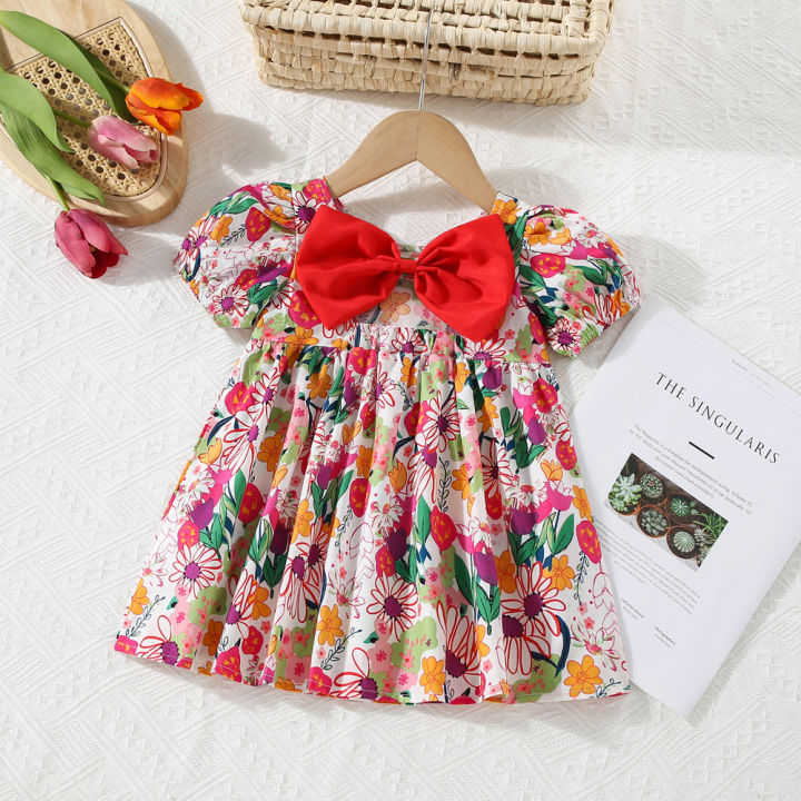 Summer new Baby Girls Dress Bow Puffy Sleeve Flower Hand-painted Wind Sweet Princess Dress Birthday Party Dress (0-3 years)