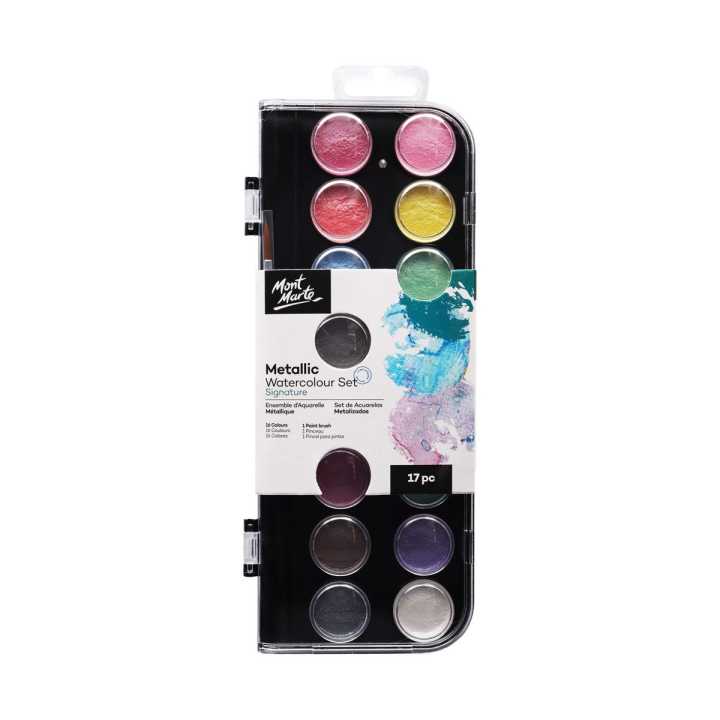 Mont Marte Metallic Watercolor Set – 17 Colors (16 Metallic Shades + 1 Paint Brush)