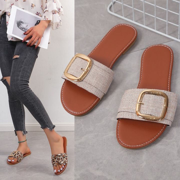 2023%20cross-border%20plus%20size%20slippers%20women's%20summer%20new%20leopard%20print%20round%20toe%20belt%20buckle%20straight%20flat%20bottom%20simple%20casual%20flippers%20-%20Image%202
