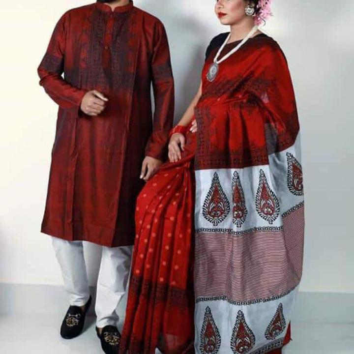 Exclusive Designer Block Print Half Silk Saree & Dhupian Silk Panjabi Combo For Couple Stylesh & fashionable best couple dress for man and women