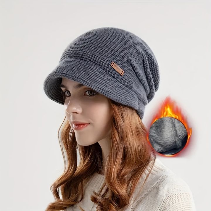 1pcs Warm And Stylish Winter Baggy Beanie Hat With Brim For Women