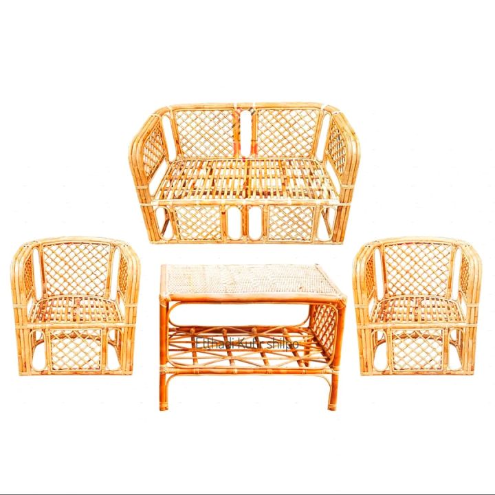 Rattan Sofa Chair Seat 2+1+1 & Tea Table - Cane Bentu / Carpet Sofa Set - Handcraft Furniture