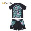 2Pcs Kids Girls Swimming Suit Round Neck Short Sleeves Floral Print Top Drawstring Boyshorts Beach Swimwear Bathing Suits. 