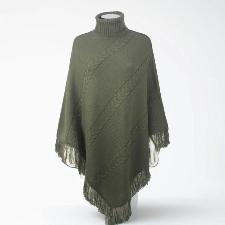 High Neck Fringe Poncho Sweater for Women, Acrylic Wool, Free Size, Multiple Colors Available