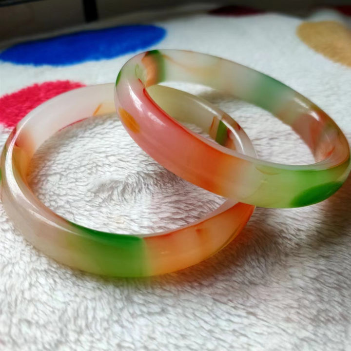 Outer Mongolian material colorful jade bracelet jade color medium wide retro women's Fu Lu Shou three-color colorful wangfu jade bracelet