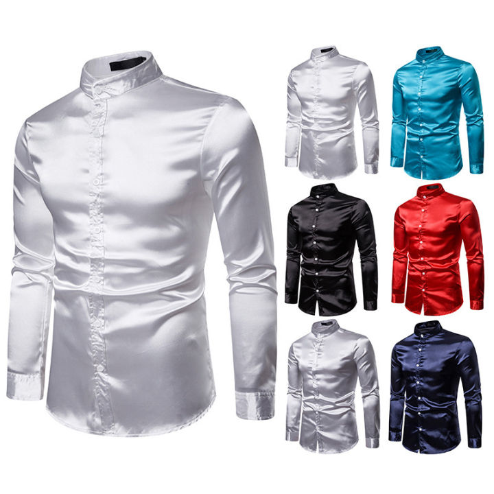 Mens Silk Shirt Long Sleeve Formal High Quality Collar Shirts White Button Open Casual Men'S Satin Shirts - Formal Shirt For Men
