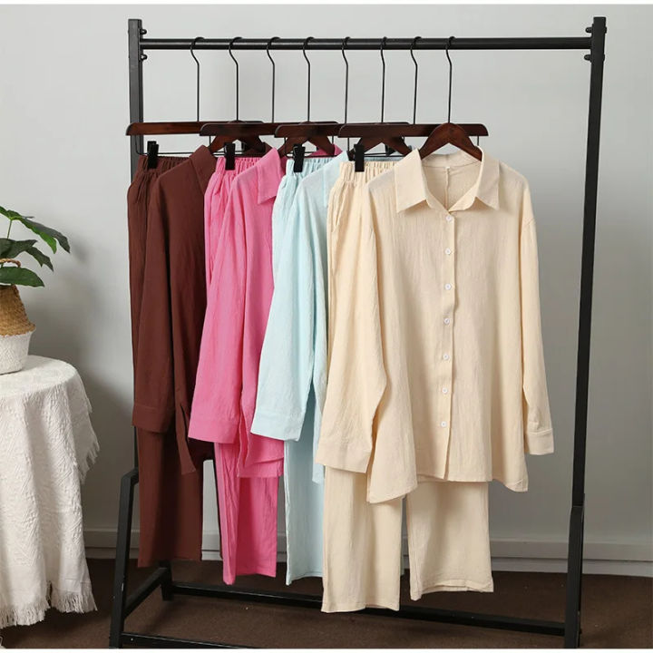 Ladies qualityful Cotton Maxi Shirt Fall Wide Leg Pants Set Two Piece Set Vintage Loose Streetwear Outfits