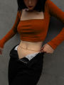 Autumn Women's T-shirt New Long Sleeves Casual Bodycon Crop Top Female T-shirts Brown Streetwear Fashion Slim Cropped Tops.