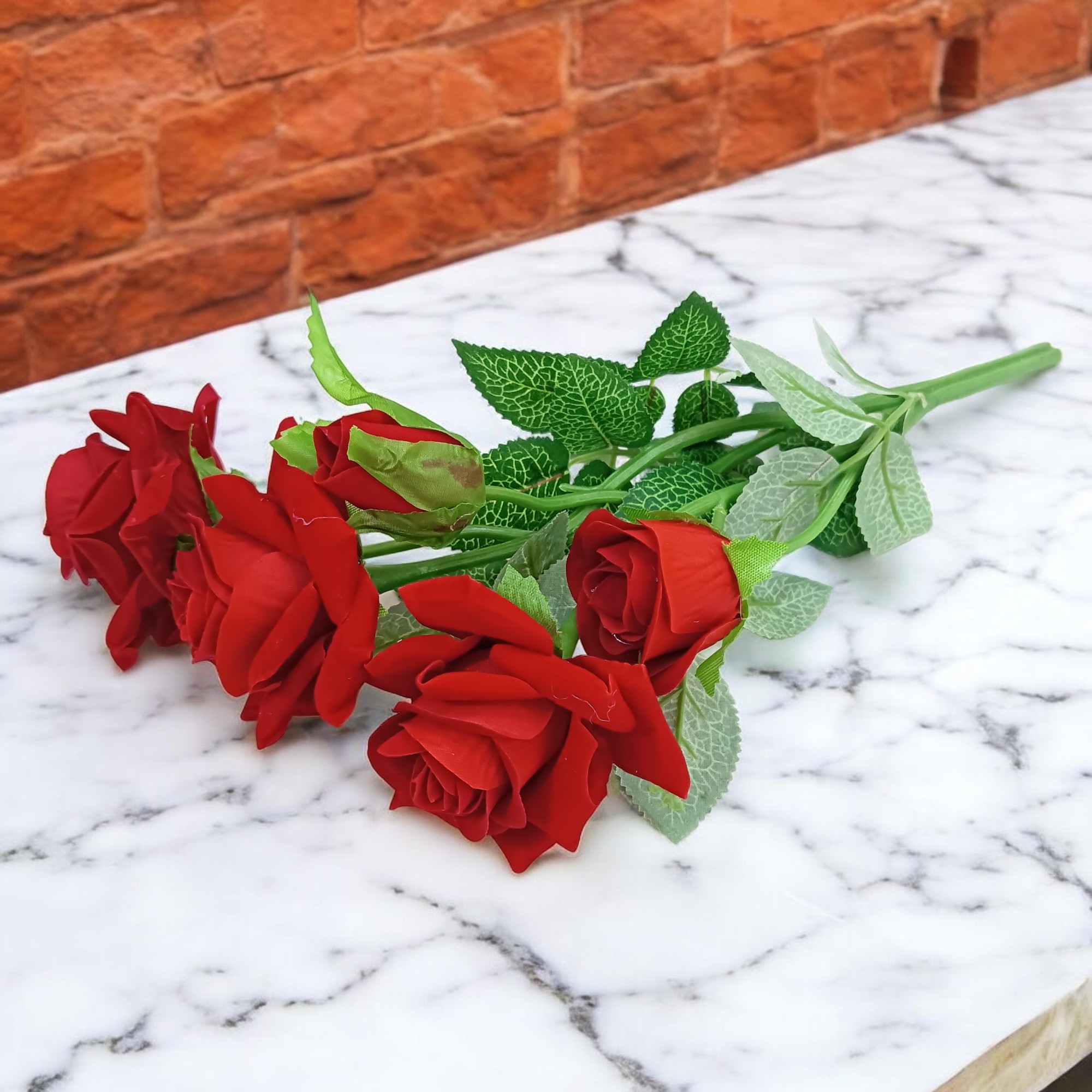 Red Rose Flower Bunch - 5 Natural Looking Flowers, 12 inches/30cm