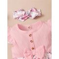 0-18 Months Baby Girl Floral Romper Dress Fly Sleeve Summer Ribbed Jumpsuit with Headband Newborn Baby Girl Lovely 2PCS Outfit. 