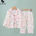 Kids Summer Thin Pajamas Sets New 2023 Boys Girls Cotton Linen Cartoon Long Sleeve Lapel Shirt Tops with Pants Baby Home Wear.
