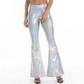 Women Girls PU Leather Metallic Pants Shiny Holographic Flare Pants Bodycon Elastic Waist Bell Bottom Trousers Clubwear. 