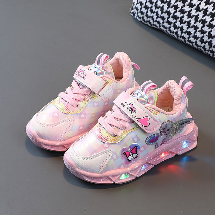 Disney Girls' Casual Shoes Led Light Shoe Leather Fashionable Children's  Sports Frozen Princess Elsa Pink Purple Shoes Sneakers