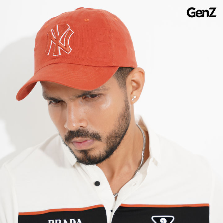 GenZ Premium Twill Cap for men - Front Embroidery NY - Back Embroidery Brand Logo - Adjustable Size with Metal Free D Ring - Brick Red Color