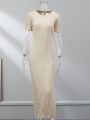 Elegant Ribbed Knitted Long Dress Women Casual O-neck Short Sleeve Bodycon Dresses 2023 Autumn Ladies Pleated A-line Maxi Robe. 
