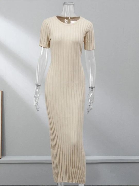 Elegant%20Ribbed%20Knitted%20Long%20Dress%20Women%20Casual%20O-neck%20Short%20Sleeve%20Bodycon%20Dresses%202023%20Autumn%20Ladies%20Pleated%20A-line%20Maxi%20Robe%20-%20Image%205