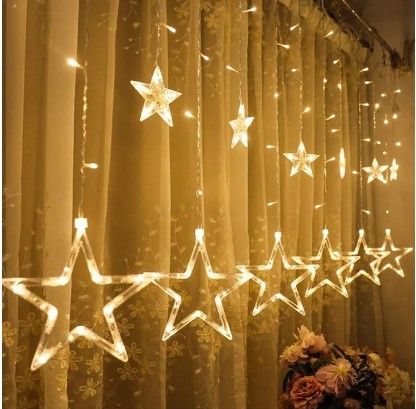 Badge Golden Big Star Curtain Light, 12 Hanging Golden Star String Lights, Drawing room decoration LED Curtain String Light Fairy LED Star String Light Holiday Party Wedding Decoration Lamp-MHN - Fairy Lights