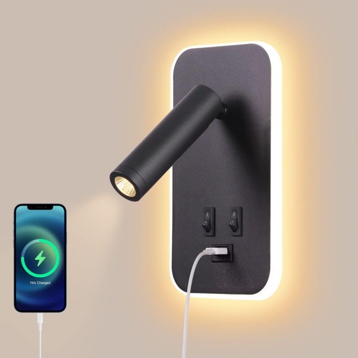 Bedside Wall Lamp, LED Wall Light, Wall Mounted Reading Light with Switch and USB Port, Rotatable Wall Sconce Wall Spotlight