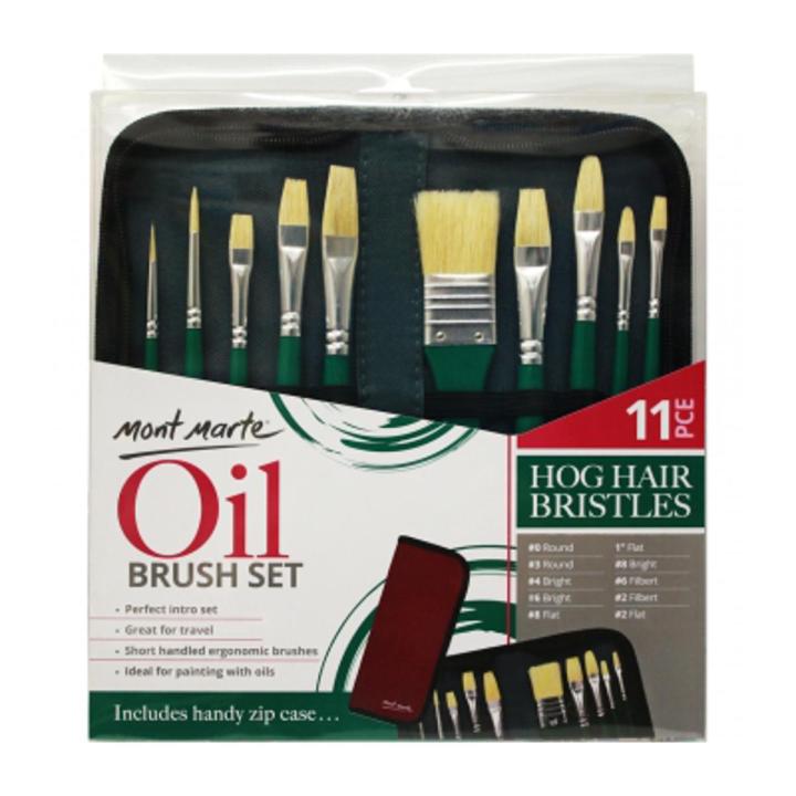 Mont Marte Oil Colour Hog Bristle Brush Set in Wallet 11pcs