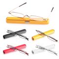 Unisex mini portable readers eyeglasses slim anti-blue light metal frame reading glasses with pen clip case strength1.0 ~ 4.0.