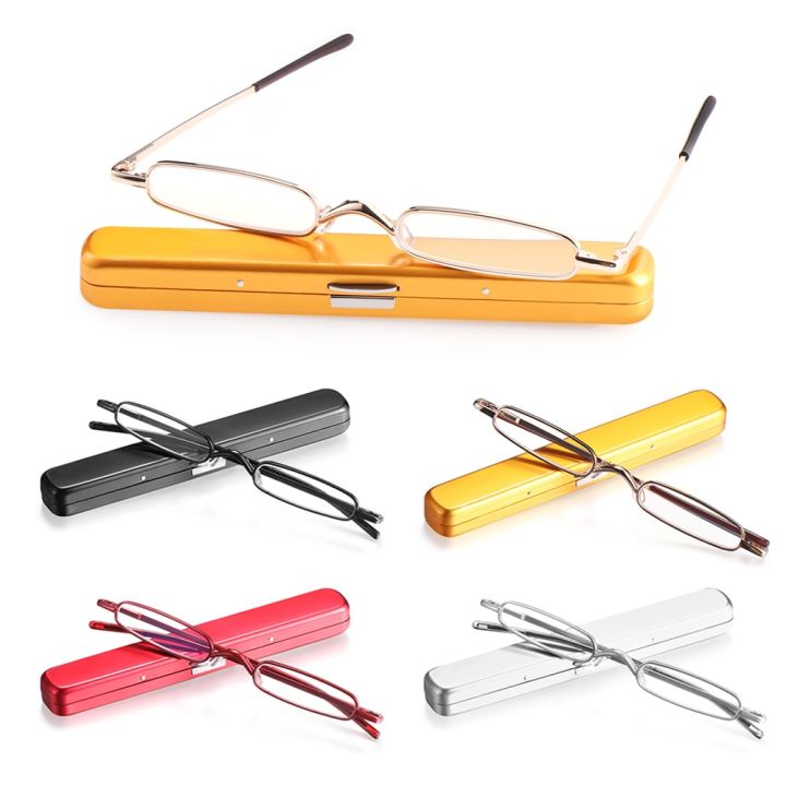 Unisex mini portable readers eyeglasses slim anti-blue light metal frame reading glasses with pen clip case strength1.0 ~ 4.0