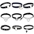 【3C VictoryEagle】Punk Collar Choker Black PU Leather Heart Cross Spike Necklace Cosplay Body Accessories Trend Jewelry.