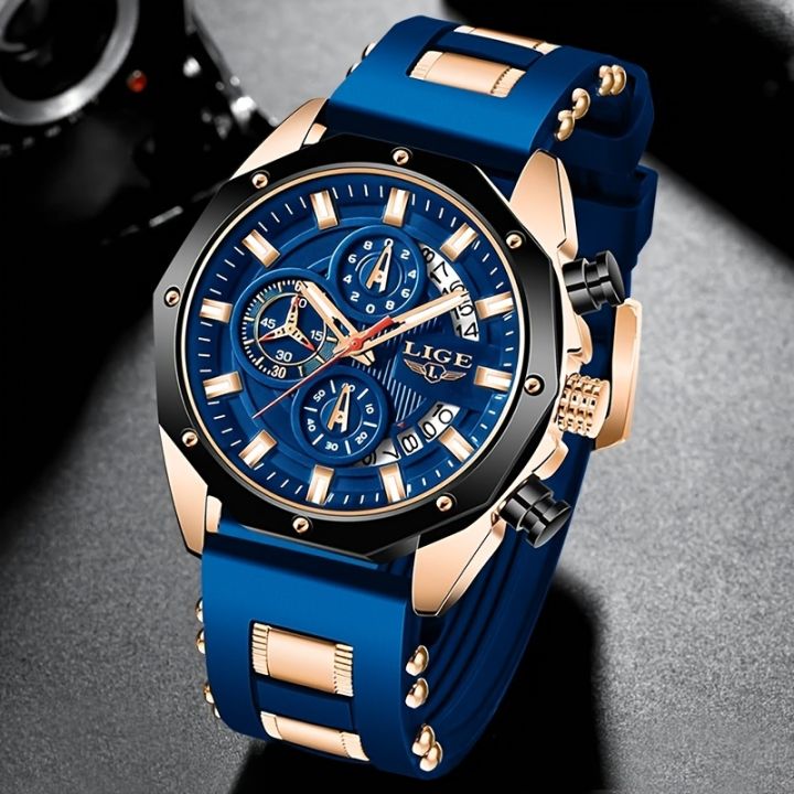 LIGE Mens Watches Brand Luxury Silicone Strap Waterproof Sport Quartz Watch Men Chronograph Clock