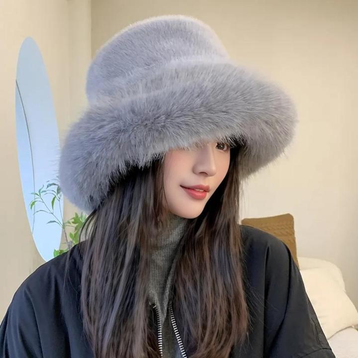 Fashion Faux Fur Big Bucket Hat For Women Fluffy Winter Wrap Hat