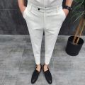 2022 Korean Style Ankle Length Spring Summer Men Dress Pants Stretched ple Slim Fit Casual Office Trousers Formal Wear Hot.