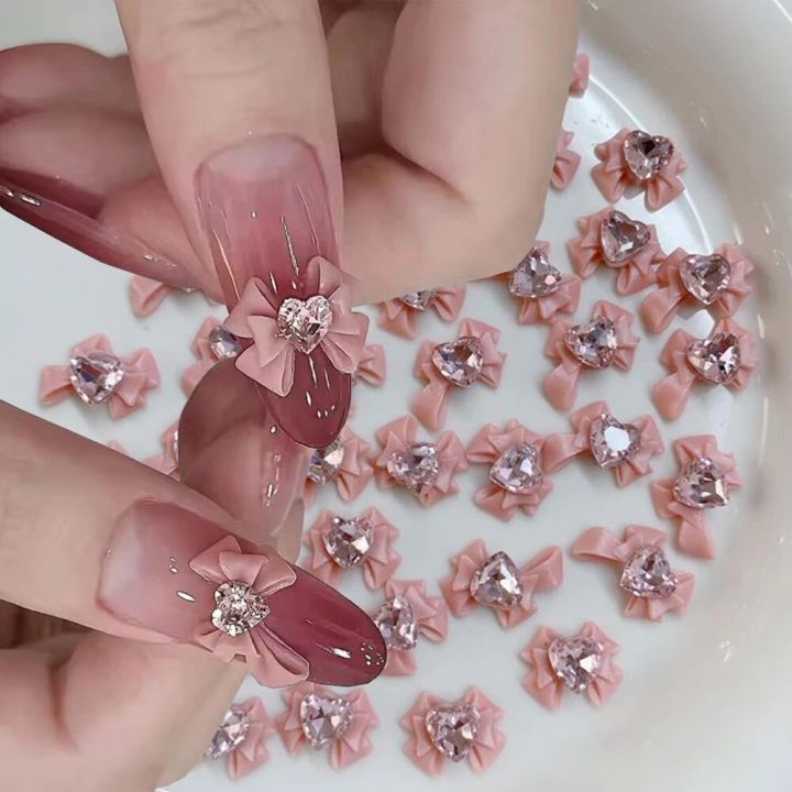 10/20/30Pcs Pink Ribbon Resin Bow Nail Charms Mixed Style bow Rhinestone Jewelry Parts 8-12mm Manicure Decor DIY Accessory-Y2K