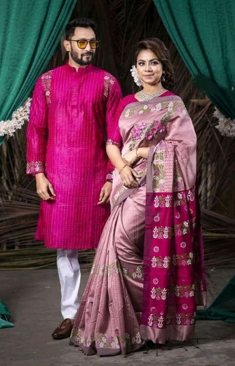 Half%20Silk%20Shuli%20Ful%20Saree%20and%20Dhupian%20Silk%20Panjabi%20Combo%20For%20Couple%20-%20Image%202