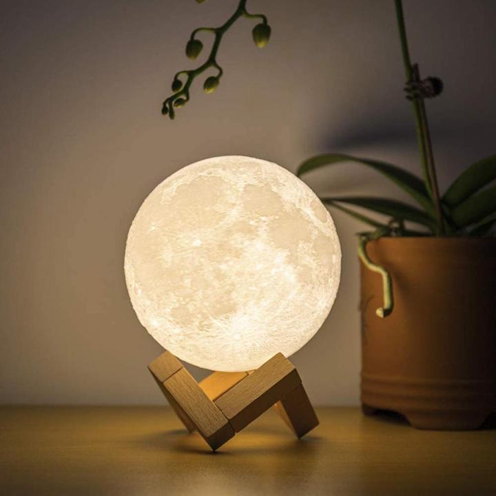 Auoyo Moon Lamp Light Rechargeable 3D Printing 8/15cm Moon Night Light with Stand Touch Switch 7 Multicolor Moon Table Lamp