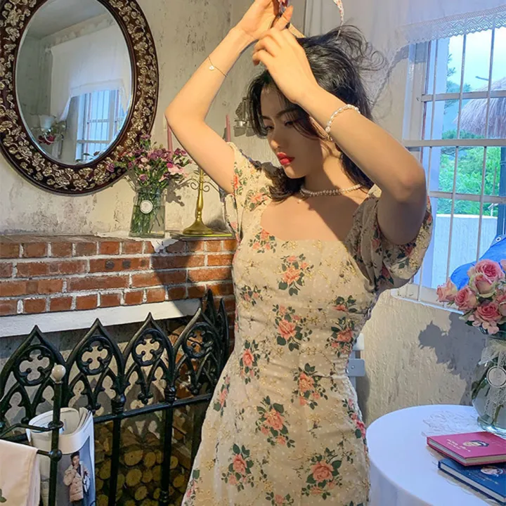 Yfashion%20Basic%20Sweet%20Floral%20%20Dress%20Square%20Neck%20Puff%20Sleeve%20High%20Waist%20Pullover%20Short%20Sleeve%20d-length%20Skirt%20A-line%20Skirt%20Split%20Dress%20color:Color%20size:S%20-%20Image%207