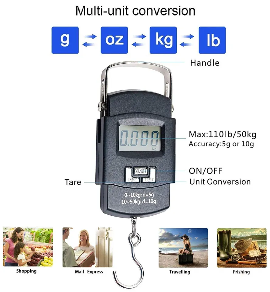 accurate weight hook scale to 50 lbs Flexzion Digital Luggage Scale, Baggage Scale, 110 Lb (50 Kg) with 10g Deviation, Portable Handheld Suitcase Weight with for Travel, Fish Weighing, Black : Clothing, Shoes & Jewelry handheld scale is waterproof and built to withstand the toughest fishing conditions Electronic Portable Weight LCD Digital