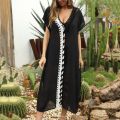 V-Neck Hollow Out Cover Up Woman Swimsuit Side Split Short Sleeve Beach Midi Dress 2023 Ladies Knit Bikini Cover-Ups Dress.
