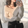 2023 Autumn and Winter New Korean Style Sexy Big V Collar off-the-Shoulder Top Woolen Pullover Sweater for Women.