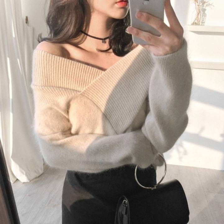 2023 Autumn and Winter New Korean Style Sexy Big V Collar off-the-Shoulder Top Woolen Pullover Sweater for Women