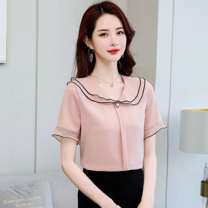 Summer%20New%20Women's%20Chiffon%20Shirt%20Women's%20Short%20Sleeve%20Col%20Claudine%20Top%20Elegant%20Korean%20Style%20Loose%20Undershirt%20-%20Image%207