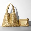 Golden Hobos For Women Knitting Handbags And Purses Soft Vegan Leather Designer Female Shoulder Bag High-Capacity Tote Bags.