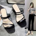 $4.80 74%OFF | Women Sandals Ladies Square Heels Elegant Summer Slippers Outside Cross Tied Leather Female Slides 2023 Fashion.