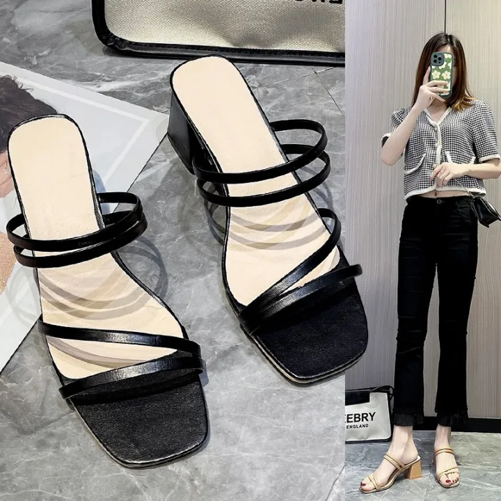 $4.80%2074%25OFF%20%7C%20Women%20Sandals%20Ladies%20Square%20Heels%20Elegant%20Summer%20Slippers%20Outside%20Cross%20Tied%20Leather%20Female%20Slides%202023%20Fashion%20-%20Image%202