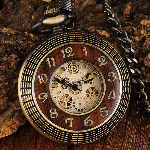 【LuckyBabyFans Store】Vintage Wood Circle Carved Number Dial Pocket Watch Men Unique Hollow Steampunk Bronze Clock Watches Chain