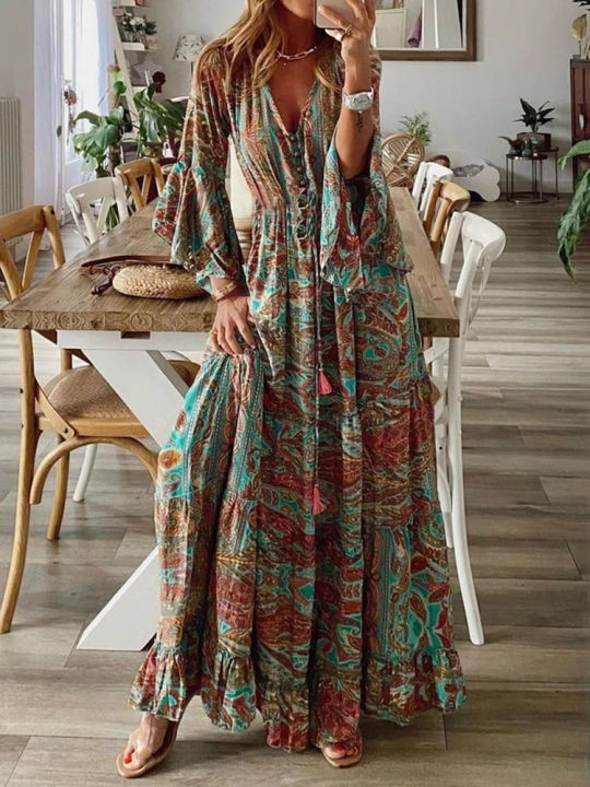 Bohemian Beach Maxi Dress Women Spring Summer Vintage Floral