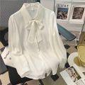 Lantern Sleeve Elegant Spring and Autumn Bow Shirt White Chiffon Shirt Women's Formal Wear Lace-up Fashionable Professional Top. 