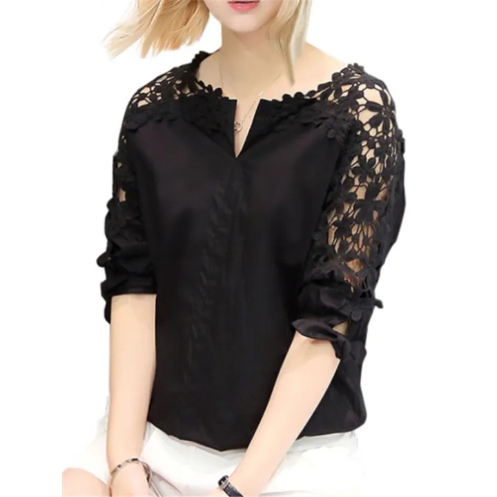 Summer%20New%20off-the-Shoulder%20Shirt%20Large%20Size%20Women's%20Loose%20Korean%20Style%20Hollow%20Top%20Shirt%20Lace%20Bottoming%20Shirt%20-%20Image%205