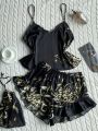 Elegant Floral Print Cami Tops Ruffle Hem Shorts Pajama Set Women's Sleepwear Loungewear. 