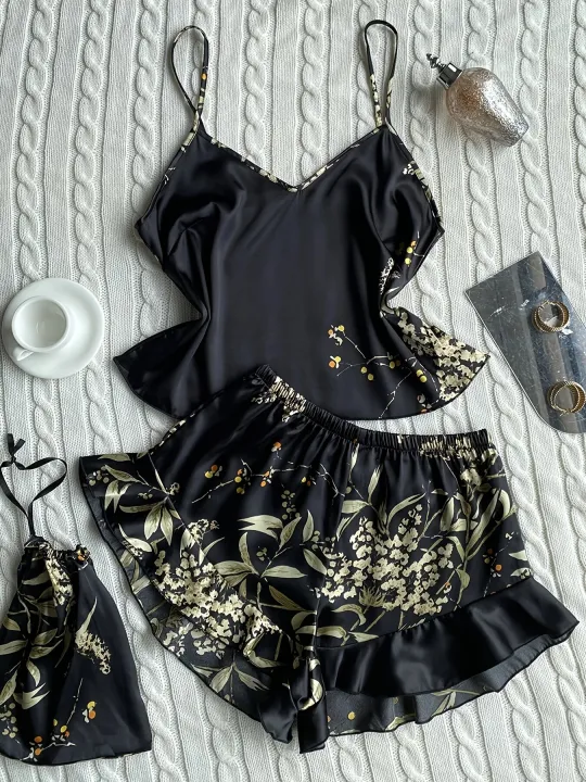 Elegant%20Floral%20Print%20Cami%20Tops%20Ruffle%20Hem%20Shorts%20Pajama%20Set%20Women's%20Sleepwear%20Loungewear%20-%20Image%205
