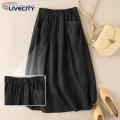 A Line Skirt Buttons Decor Cotton Linen A-Line Casual Skirt.