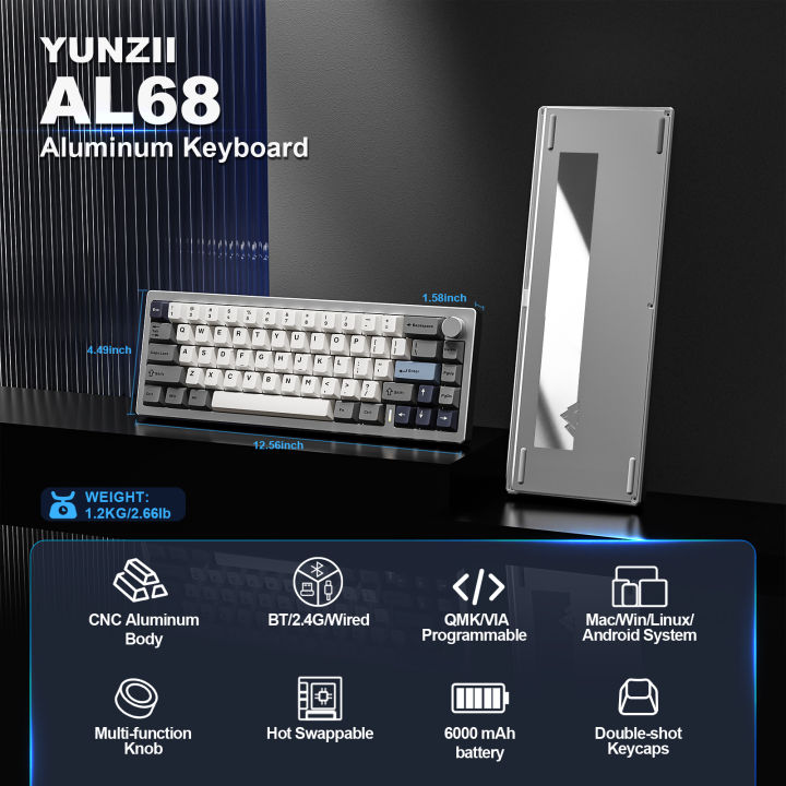 YUNZII%20AL68%20Silver%20Wireless%20Custom%20Mechanical%20Keyboard,%20QMK/VIA%20Aluminum%20Keyboard,%20Hot%20Swap%20Gasket%20Gaming%20Keyboard%20with%20Knob%20-%20Image%202